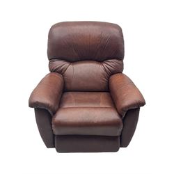 La-Z-Boy - manual reclining three piece suite - two seater sofa (W165cm, H105cm); and two armchairs (W98cm), upholstered in brown leatherette