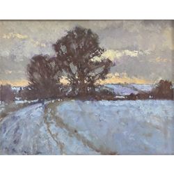 Oliver Warman RBA ROI (British 1932-2017): 'Evening' Winter Landscape, oil on board, signed and titled verso 23cm x 29cm
