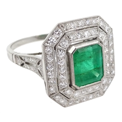 Platinum emerald and double row diamond ring, with diamond set shoulders, emerald approx 1.85 carat, total diamond weight 1.20 carat