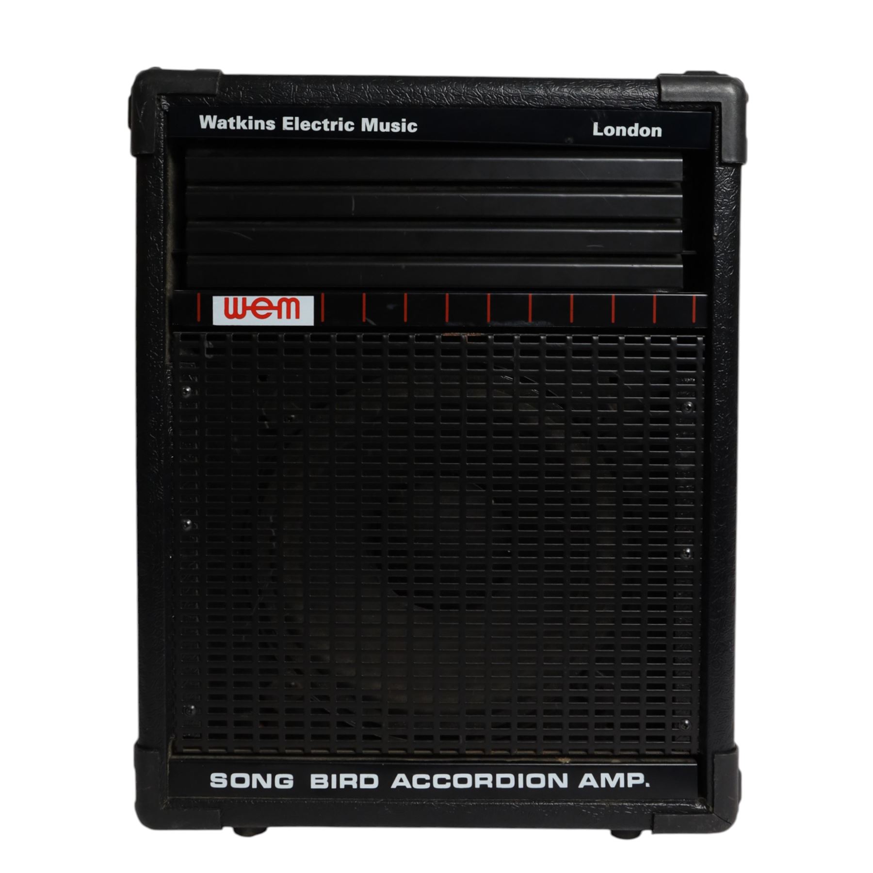 Nine Watkins WEM Song Bird Accordion amplifiers and speakers, including three Silver Songbird Full Range speakers, two Song Bird 200 amplifiers, two WEM amplifier heads and two Song Bird 200 speakers, largest H50cm 
