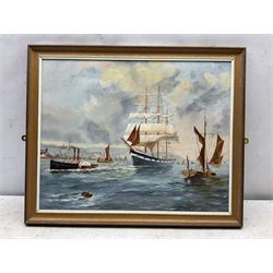 Edward H Simpson (British 1901-1989): 'Scarborough South Bay from Cliff Tops', watercolour signed, titled on label verso 35cm x 53cm;Tom S Hoy (British 20th century): Deck Chairs by the Ocean Room, Scarborough Spa, oil on board signed 30cm x 45cm; T Crawford (20th century): Steam and Sail Vessels, oil on board signed 40cm x 50cm (3)