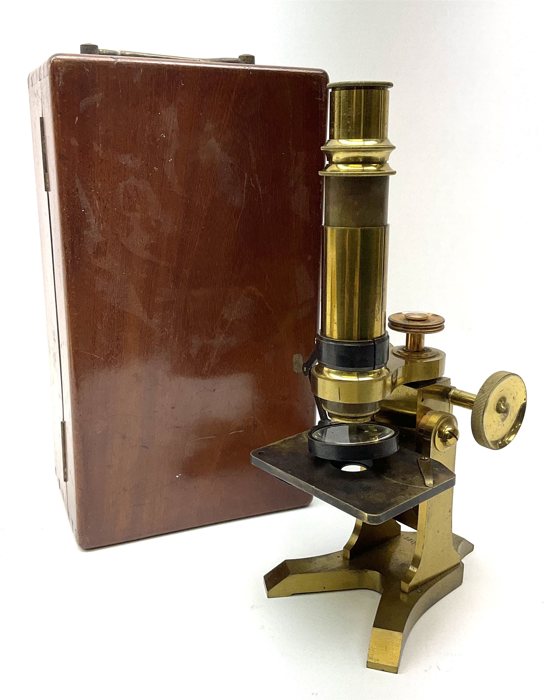 19th century lacquered brass monocular microscope by Moritz Pillischer No.1795 in fitted mahogany box with carrying handle and two additional lenses 