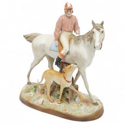 Continental bisque bust of a Queen H28cm and another of horse with jockey and dog H33cm x L31cm