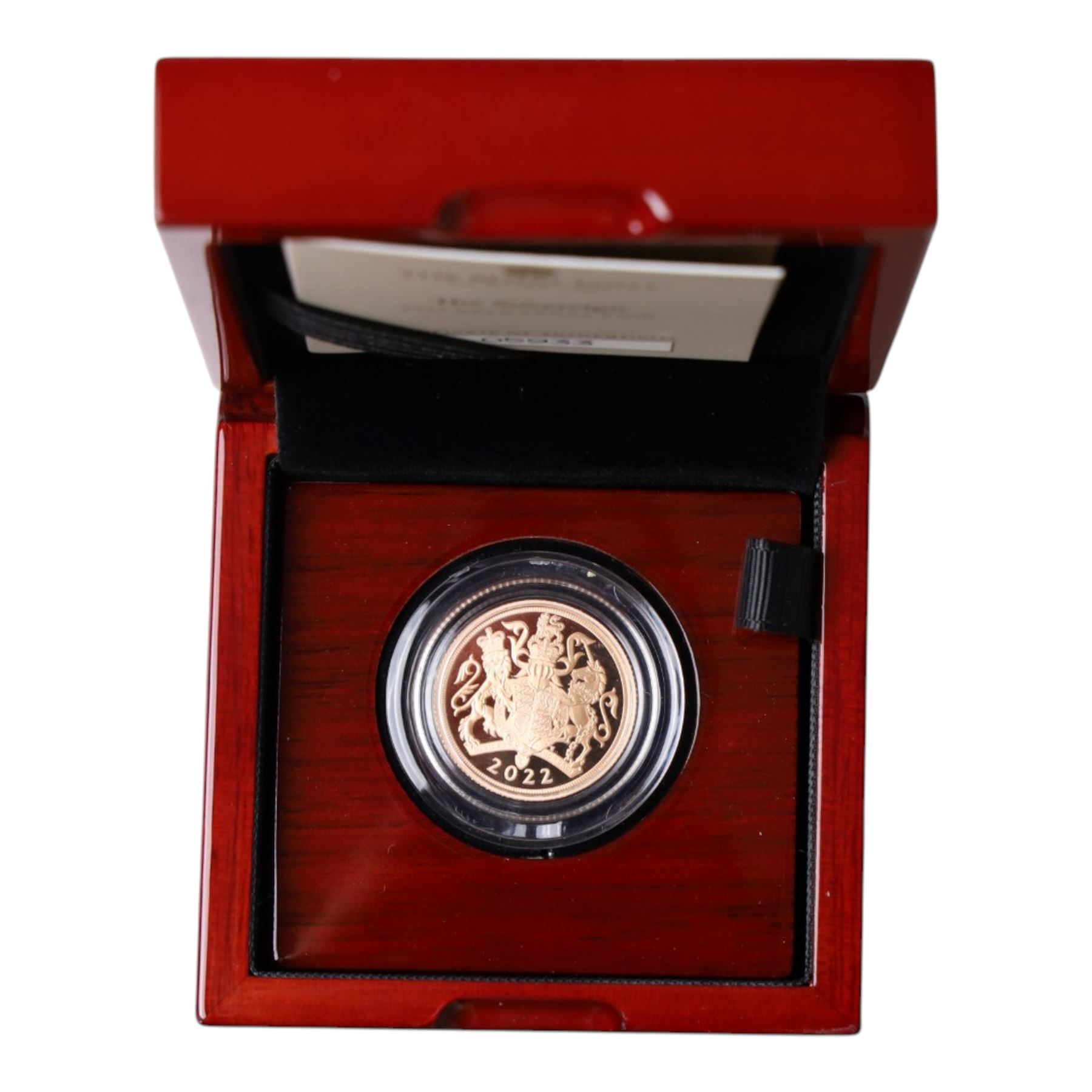 Queen Elizabeth II 2022 gold proof full sovereign coin, cased and boxed with certificate 
Notes: the last sovereign produced in the reign of Queen Elizabeth II