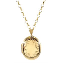 Gold hinged locket pendant, on gold cable link necklace, both hallmarked 9ct