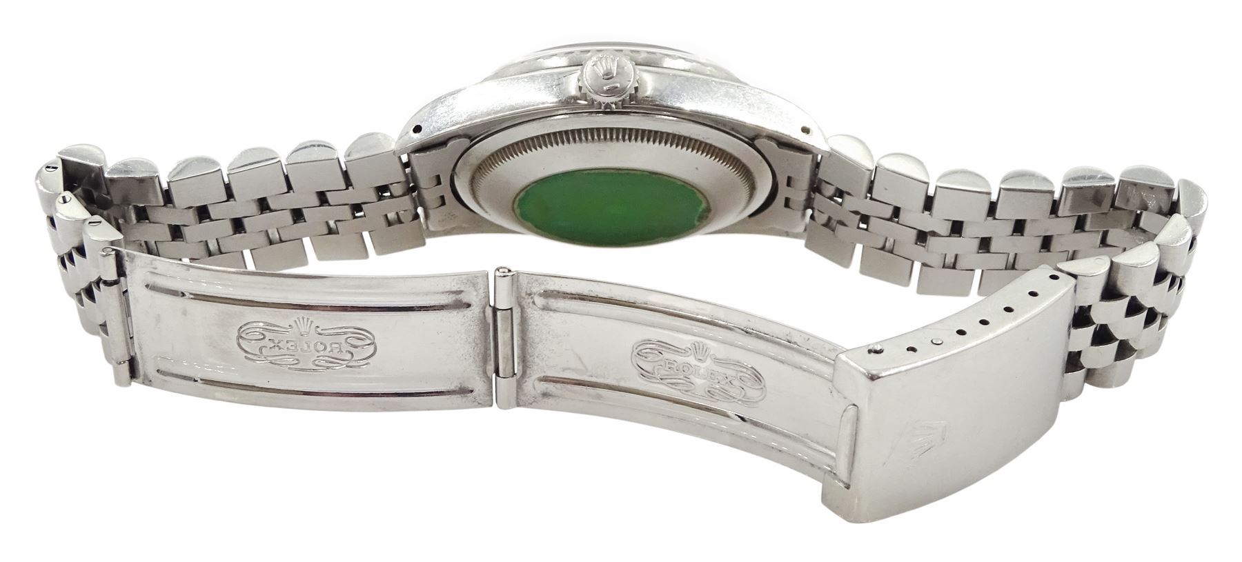 Rolex Oyster Perpetual Datejust gentleman's stainless steel automatic wristwatch, circa 1990, Ref. 16220, serial No. E271806, cream dial with Roman numeral hour markers, on Jubilee stainless steel bracelet with fold-over clasp, boxed with papers