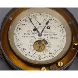  Thomas Mercer survey Chronometer No.14264, the two-day movement with visible escapement, silvered twenty-four hour dial with a subsidiary seconds, 56 hour up-and-down dial and engraved 'Thomas Mercer, Group Prize Neuchatel 1923, Maker to The Admiralty, Eywood Road, St. Albans', the lidded metal case with electrical contacts and in two piece leather case with key pouch, D15cm   