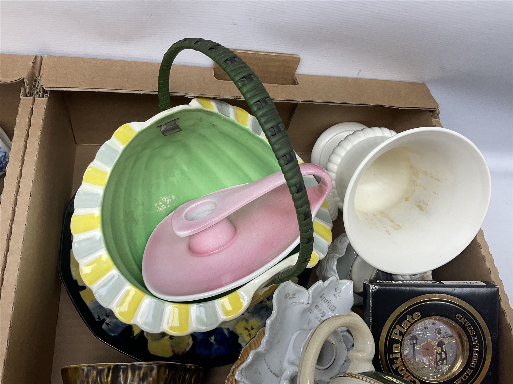 Collection of ceramics, to include Bretby Clanta Vase, Beswick Winnie the Pooh owl, Shelley teacup and saucer, Shelley Candlestick, Wedgewood vase etc, in two boxes