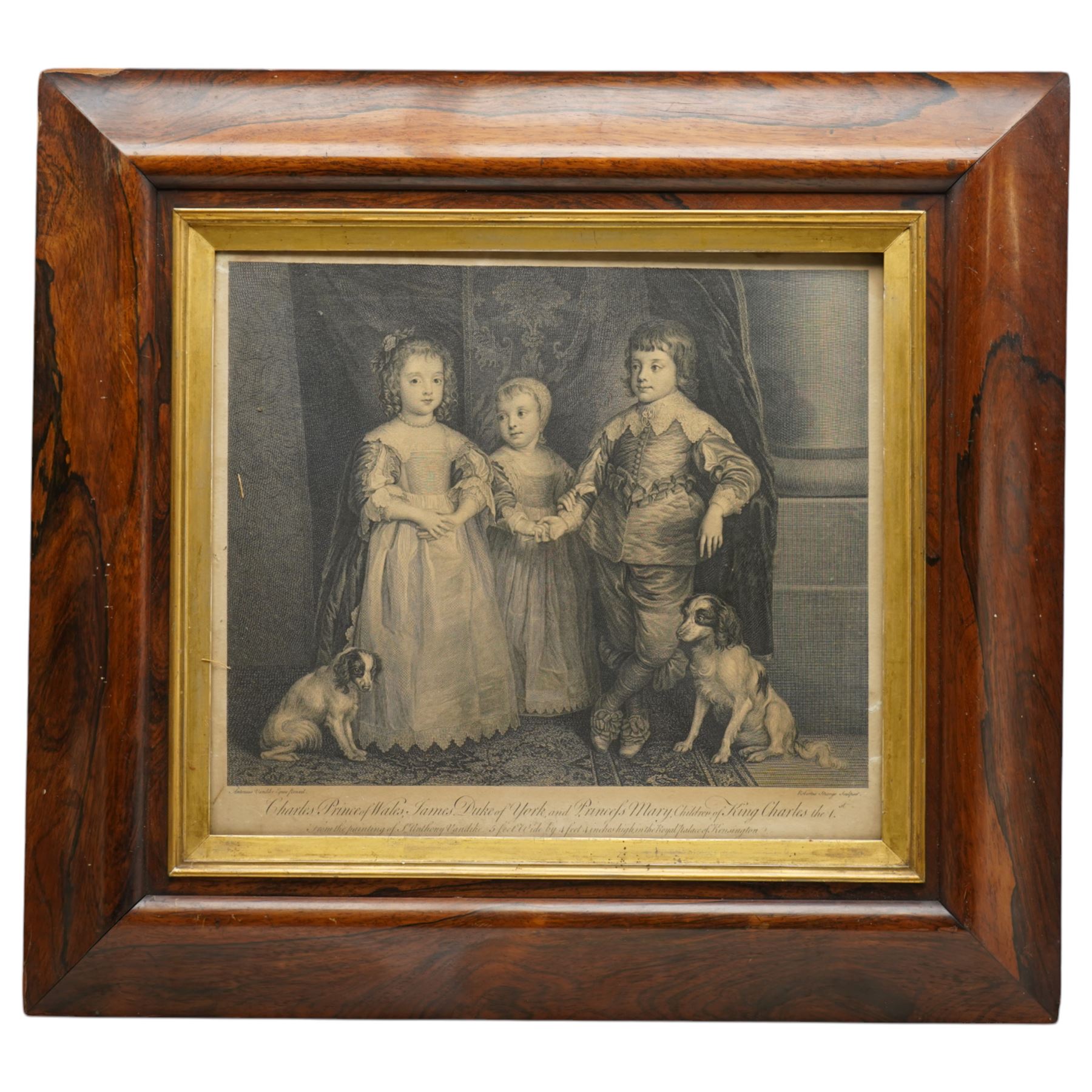Sir Robert Strange (Scottish 1721-1792) after Anthony van Dyck (Flemish 1599-1641): 'Charles Prince of Wales, James Duke of York, and Princess Mary; Children of King Charles the 1st', 18th century engraving 38cm x 43cm in moulded rosewood frame 62cm x 67cm