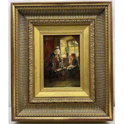 Tom McEwan (Scottish 1846-1914): 'The Spinning Wheel', oil on board signed and titled on mount, dated 1907 verso 25cm x 18cm 