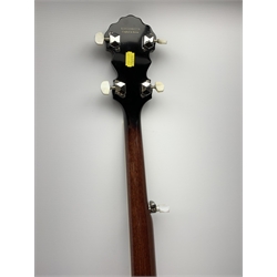 American/Korean Fender mahogany five-string banjo with mother-of-pearl inlaid rosewood finger board, serial no.KD03080778, L99cm, in TGI soft carrying case