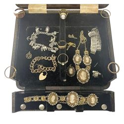 9ct gold jewellery including stone set rings, two chain bracelets and a star pendant, together with an 8ct gold red stone set eternity ring, 9ct gold and silver paste ring, 14ct gold twist band ring, gold plated bracelet with 9ct gold clasp and silver jewellery including charm bracelet, cameo bracelets and a gate link necklace, in a leather travelling case