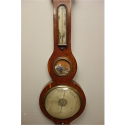  19th century osewood wheel barometer with thermometer, swan neck pediment and four silver dials with mirror, signed Stainland Malton, H97cm  