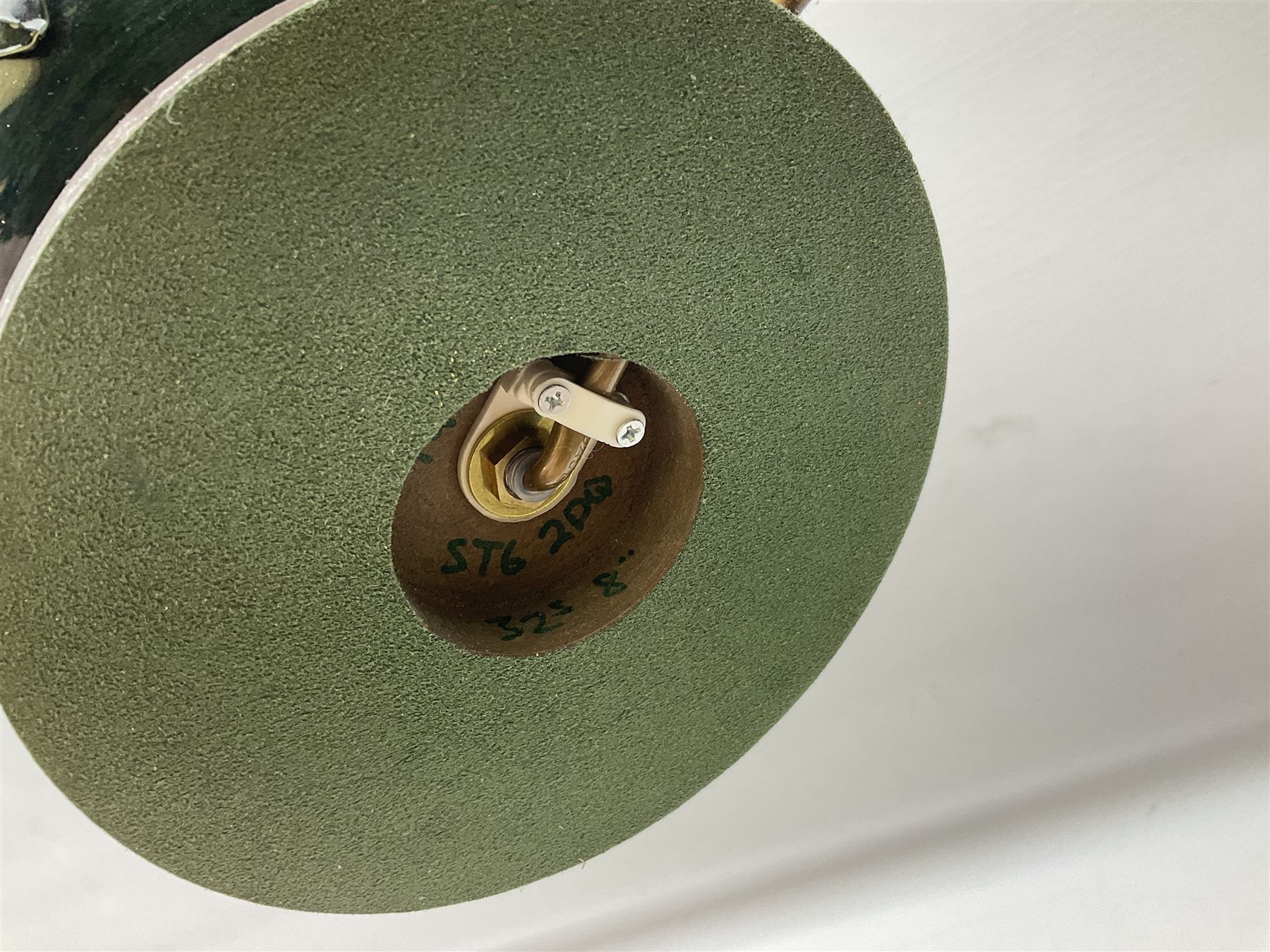 Moorcroft table lamp of squat baluster form, decorated in the Autumn Blackberry, with Moorcroft cream fabric shade with gold, green and red piping, overall H38cm