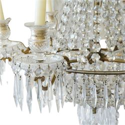 Regency Country House cut-glass and ormolu six light chandelier, the outer shaft with ormolu foliate moulding hung with octagonal and drop pendants, the impressive central shaft with cascading drops of cut-glass, the scroll branches with hob-nail cut candle holders and wax pans, with central similarly cut terminal
Provenance: property of a nobleman