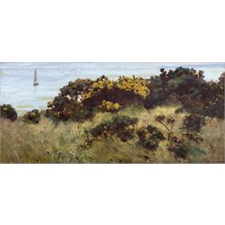 George Edward Cook (British 1844-1914): 'When the Gorse is out of Bloom, Kissing is out of Fashion - Runswick', oil on canvas signed and dated 1885, titled on the stretcher verso 20cm x 43cm
