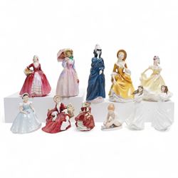 Eleven Royal Doulton figures, including Miss Demure HN1402, Ninette HN4717, Janet HN1537, Embrace HN4258 etc 