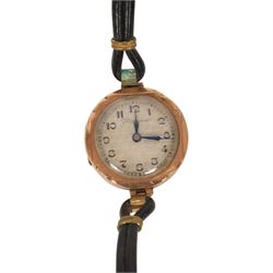 Five 9ct gold manual wind wristwatches, one on a 9ct rose gold expanding bracelet and an 18ct gold manual wind wristwatch, on brown leather strap