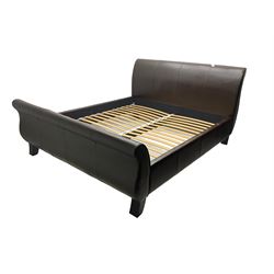 Super king 6' sleigh bed, upholstered in chocolate brown leather, with ebonised splayed feet