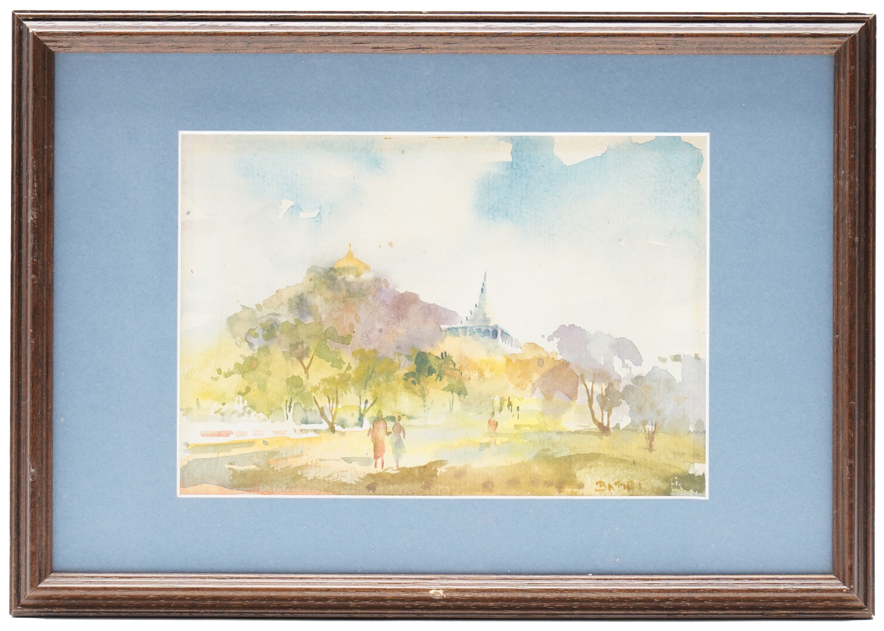 U Ba Thet (Burmese 1903-1972): View of Shwedagon Pagoda and Burmese Bullock Carts, pair of watercolours signed, 13cm x 19cm, 13.3cm x 19cm (2)