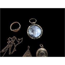 14ct gold locket, 9ct gold signet ring and chain, together with a gilt photo pendant and triangle locket 
