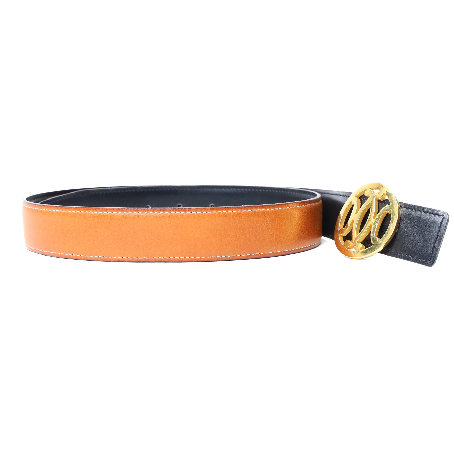 Hermès - reversible black and tan leather belt, with large gilt-metal circular openwork H monogram buckle, size 80, with buckle dust bag and belt dust bag