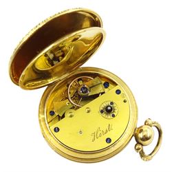 George IV 18ct gold open face lever pocket watch, the plate engraved Hirst, the balance cock with diamond endstone, gilt dial with Roman numerals and subsidiary seconds dial, engine turned case  by Vale & Rotherham, Birmingham 1825