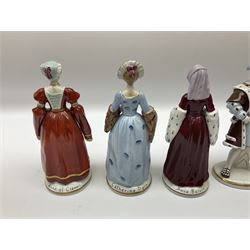 Set of seven 20th century Sitzendorf figures, Henry VIII and his six wives, all with printed marks beneath, tallest H20cm