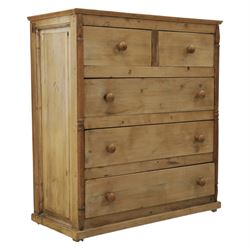 Victorian polished pine chest, straight front with panelled sides, fitted with two short a...