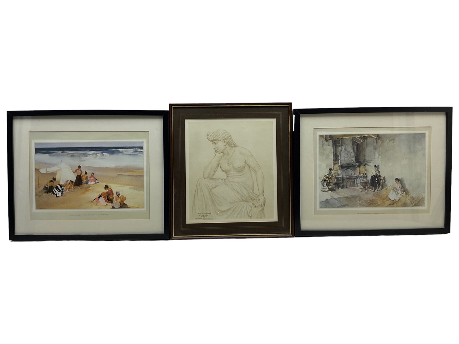 After Rowland Hilder (British 1905-1993): 'In the Days of Sail', mid 20th century print 50cm x 65cm in bird's eye maple frame; two Russell Flint prints, and another Classical print (4)