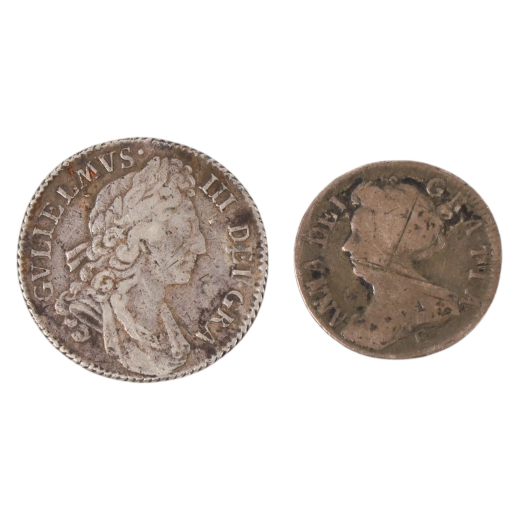William III 1698 silver shilling and Anne 1707 silver sixpence coins (2)