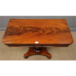  Regency mahogany folding card table, green baize, tapering column on shaped base with bun feet, W92cm, D46cm, H71cm, (unfolded 92cm x 92cm, H71cm)   