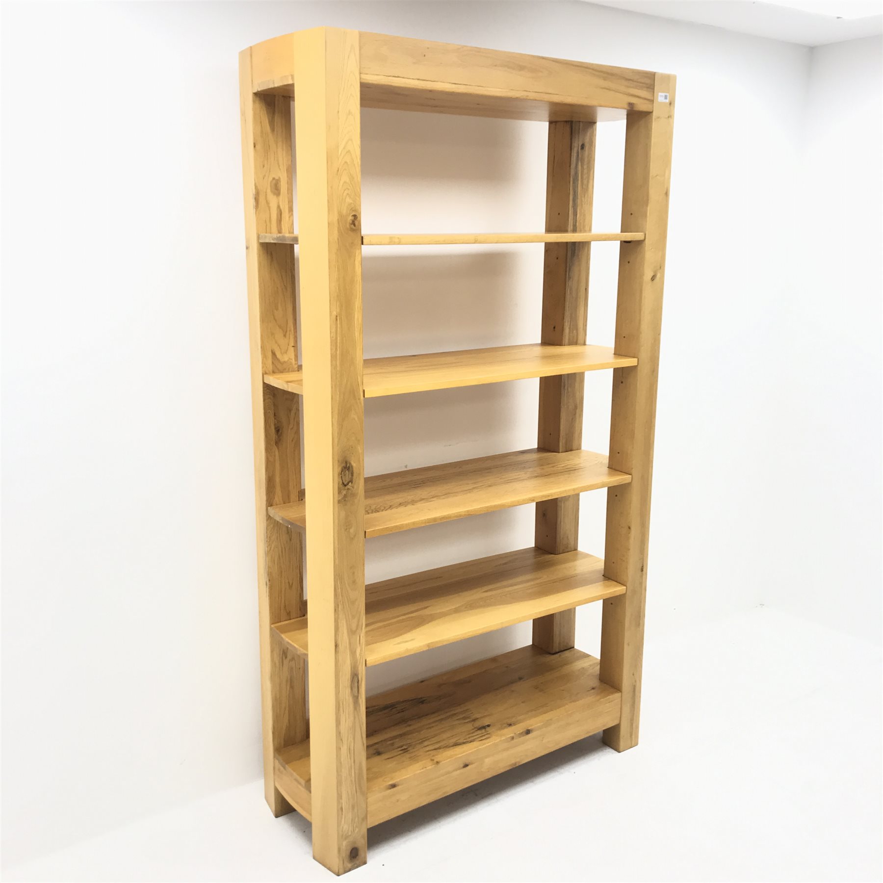 Solid light oak 6’ open bookcase, curved sides, W100cm, D41cm, H196cm