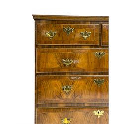 George II walnut straight-front chest, rectangular top with crossbanding and quartered veneer, fitted with two short over three long drawers, each with herringbone inlay stringing, raised on bracket feet