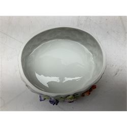 Late 20th century Von Schierholz Germany desk stand with ink well, and lidded oval box, both with encrusted flowers and gilding, with stamped marks beneath, desk stand L16cm