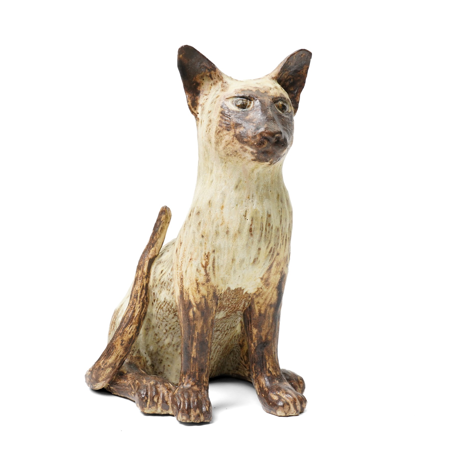 Joyce Morgan cat plate, signed to base, D21cm; George Selim for Goebel seated cat figure, H24cm, and a studio pottery figure of a Siamese, unsigned, H23cm (3)