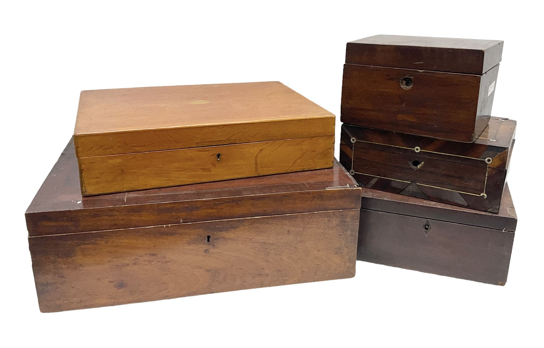 Collection of 19th century and later boxes for restoration, to include a mother of pearl inlay example, oak canteen, large mahogany example etc