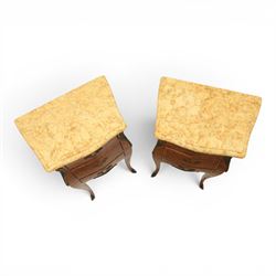 Louis XV style pair of kingwood and marquetry bedside chests, with shaped marbled tops, fitted with three drawers, with gilt metal mounts, raised on cabriole legs