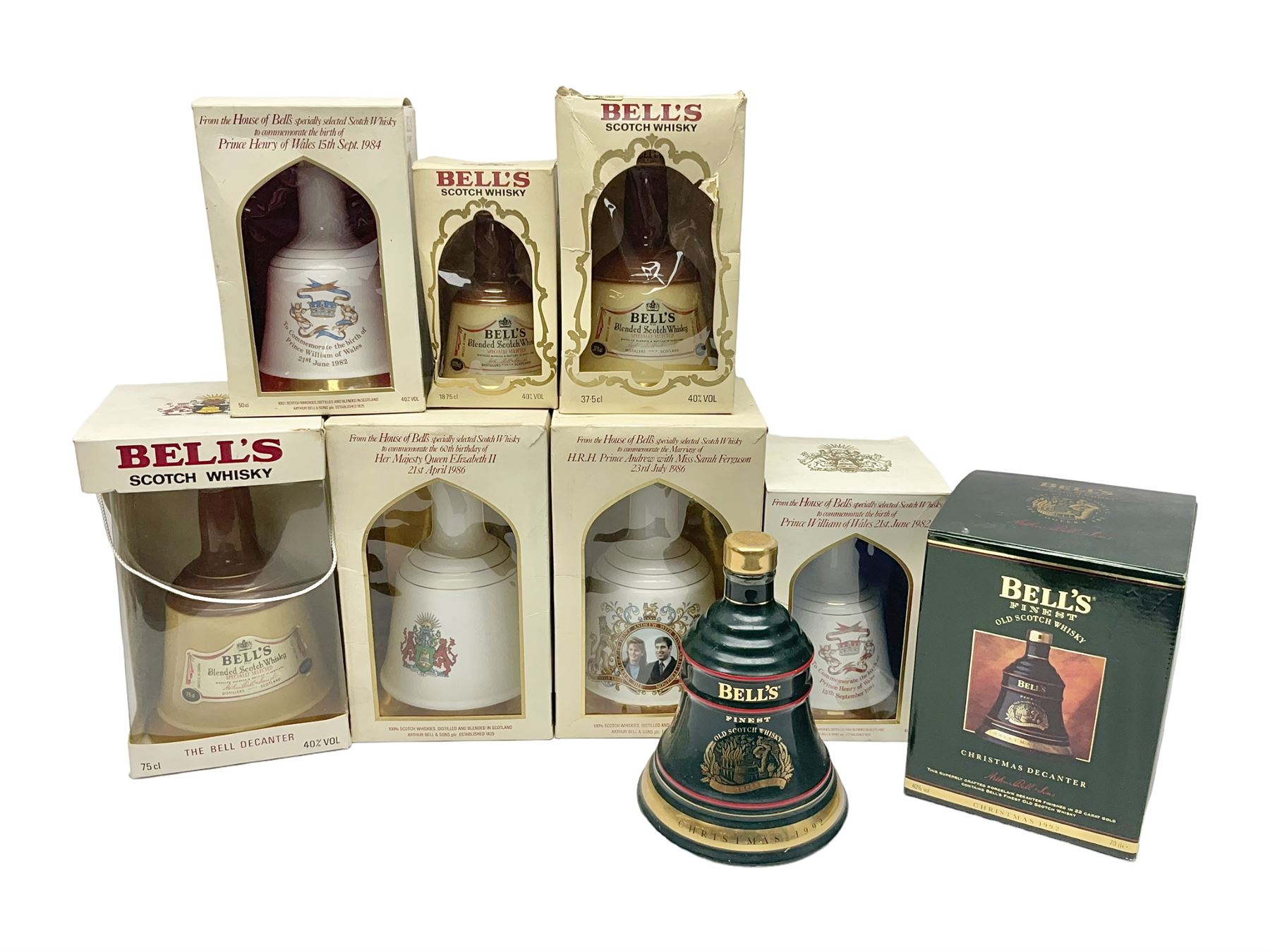 Bells, Scotch whisky, in eight Wade ceramic decanters, including Christmas 1992, Queens 60th birthday, Birth of Prince William etc, various contents and proof   