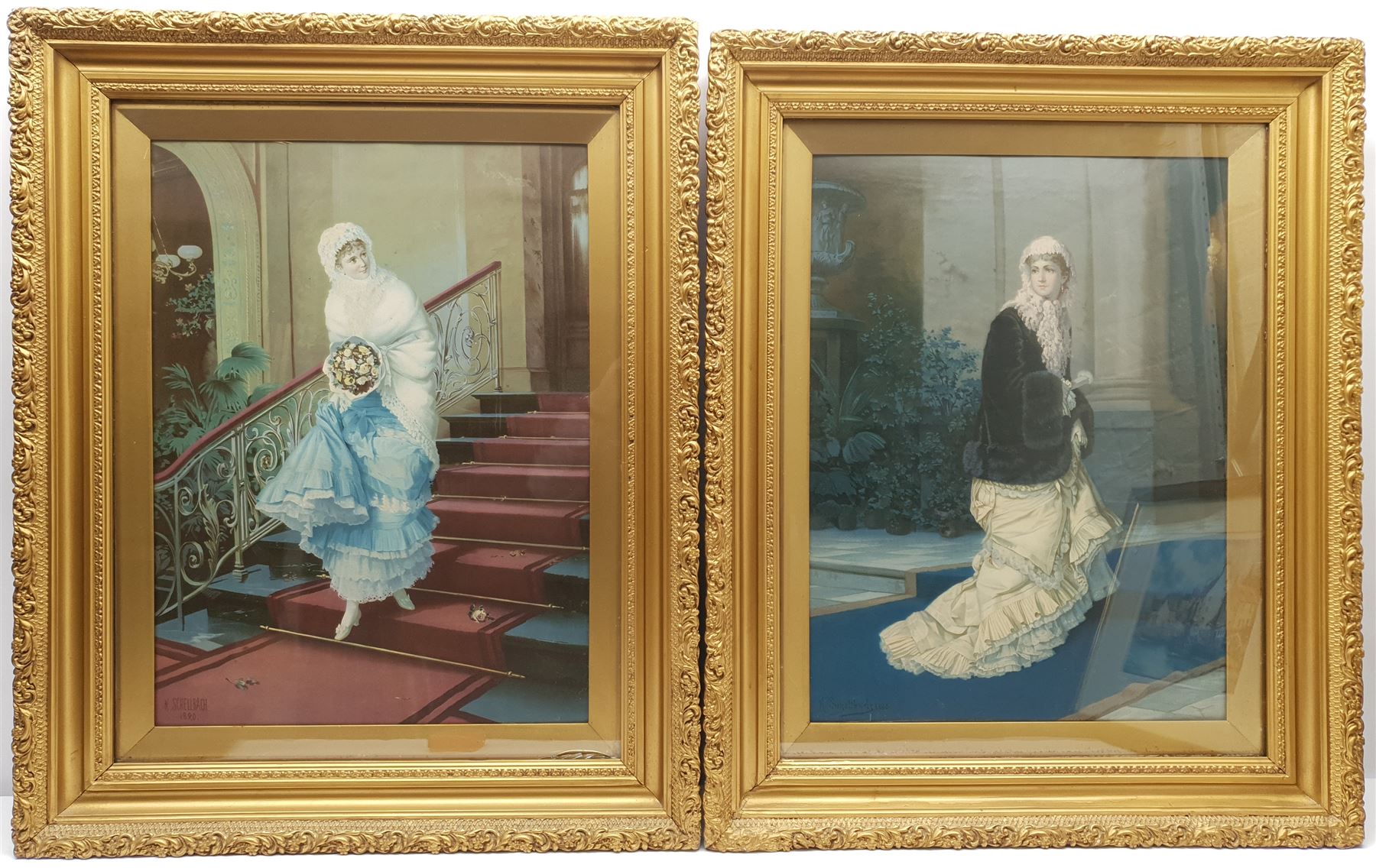 After Karl Hermann Schellbach (German 1850-1921): Fashionable Ladies, pair early 20th century colour prints in gilt frames 57cm x 42cm (2)