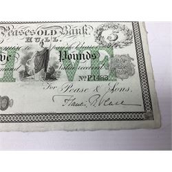 Pease's Old Bank Hull, five pounds banknote for Pease & Sons, numbered P1483, with 'Peases Old Bank, Hull' to the reverse