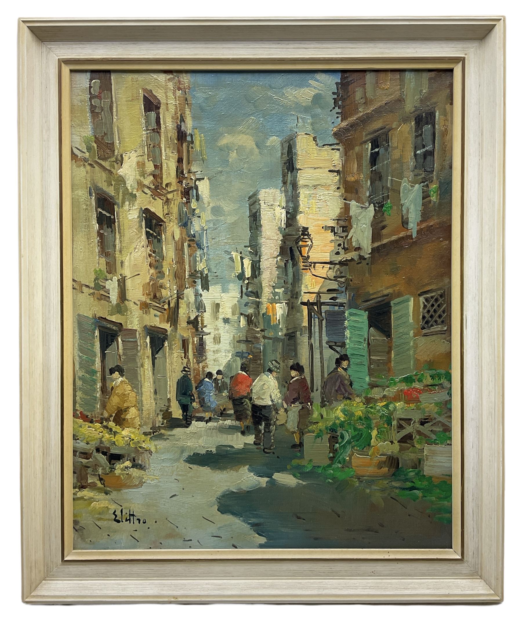 Giuseppe Elettro (Italian 1907-?): Continental Marketplace, oil on canvas signed 50cm x 40cm