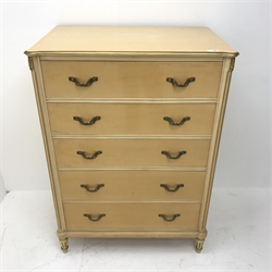 Mid 20th century maple chest, five drawers on turned reeded tapering supports, W80cm, H111cm, D52cm