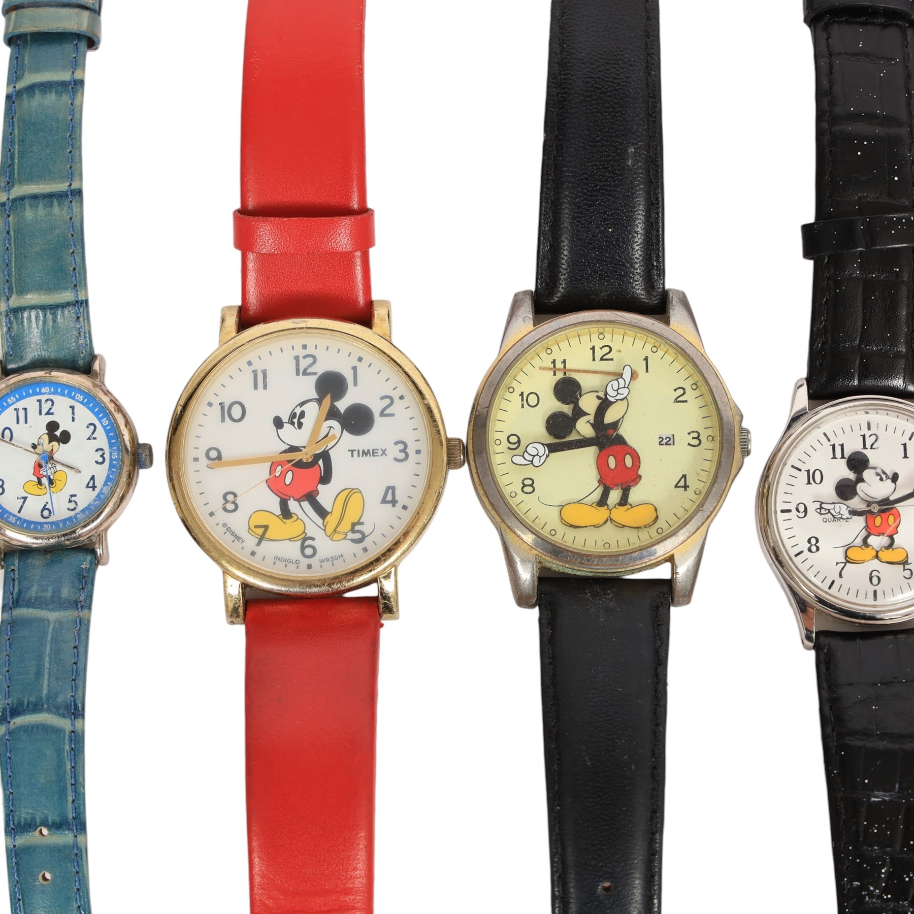 Six Disney Mickey/Minnie Mouse watches, two Mickey Mouse ring watches and a clip on stop watch