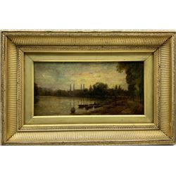 Walter G Reynolds (British exh.1880-1885): 'The Thames at Hammersmith', oil on board, titled with artist's address verso 13cm x 25cm