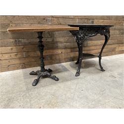19th century cast iron Coalbrookdale design table with circular top (D66cm, H74cm) and a cast iron pedestal table with square top (W69cm, D70cm, H72cm)