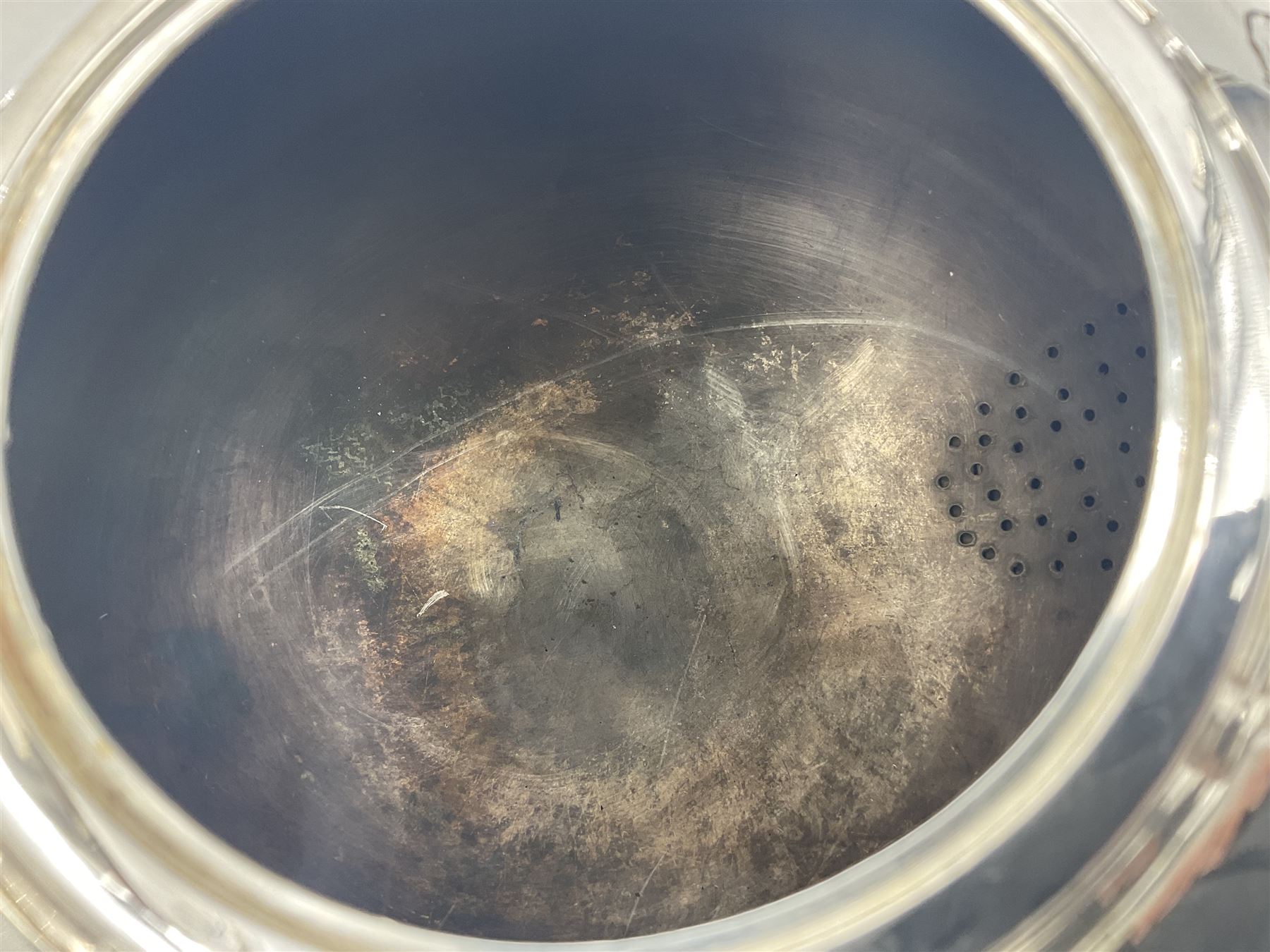 1920s five-piece silver tea service, comprising teapot, coffee pot, hot water pot, twin handled open sucrier and milk jug, each of squat circular form with shaped rim, the teapot, coffee pot and hot water pot each with ebonised handle and finial, the sucrier and milk jug with acanthus capped scroll handles, all upon circular foot, hallmarked R F Mosley & Co, Sheffield 1926 & 1927, tallest H24cm