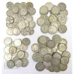  Collection of ninety-eight pre-1947 Great British silver coins thirty-four King George V half crowns including, 2x1931, 2x1932 and 1933, twenty-two King George V florins including, 1920, 1925, 2x1930 and 2x1931, twenty King George VI half crowns, two of each year 1937-46 inclusive and twenty King George VI florins, two of each year 1937-46 inclusive, total weight approximately 1240 grams (98)   