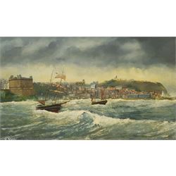 Robert Sheader (British 20th century): Shipping in Scarborough South Bay, oil on board signed 49cm x 82cm