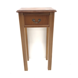 Narrow inlaid yew wood side table, single drawer, square supprots, W39cm, H77cm, D30cm